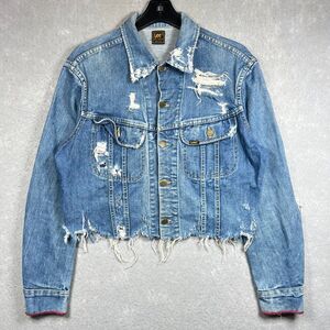 Vintage Lee Riders Denim Jacket Women Medium Blue Distressed Cropped Made In USA
